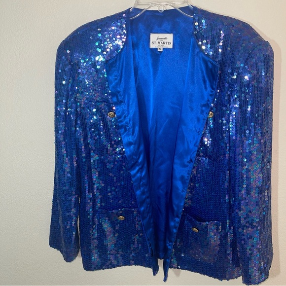 Jeanette For ST. Martin Vtg Women's Knit Blue Sequins Jacket Gold Button Size M - Picture 4 of 6